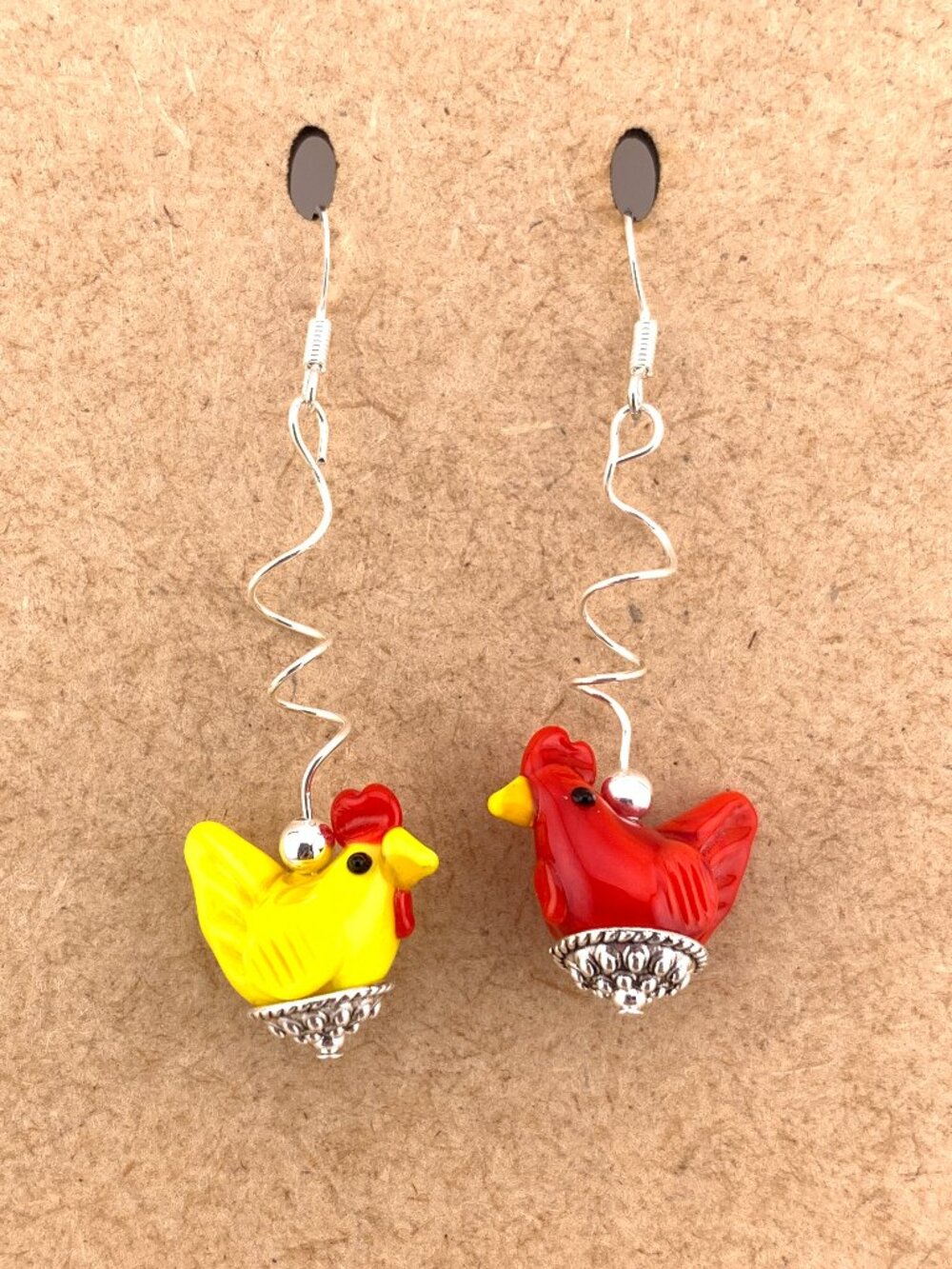 Spring Chickens On Baskets Lampwork Beads Red Yellow Handmade Earrings LR216